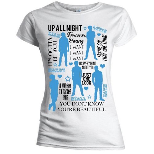 One Direction Ladies T-Shirt: Silhouette Lyrics Blue on White (Skinny Fit) - One Direction - Merchandise - Global - Apparel - 5055295342569 - 
