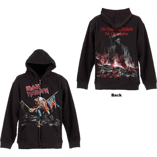 Iron Maiden Unisex Zipped Hoodie: Scuffed Trooper (Back Print) - Iron Maiden - Merchandise - Global - Apparel - 5055979938569 - 