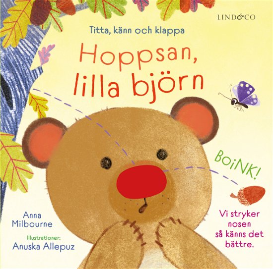 Cover for Anna Milbourne · Hoppsan, lilla björn : Titta, känn och klappa (Board book) (2024)
