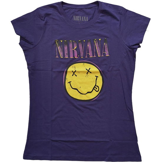 Cover for Nirvana · Nirvana Ladies T-Shirt: Xerox Happy Face Pink (Purple) (T-shirt) [size XS] [Purple - Ladies edition] (2021)