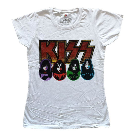 KISS Ladies T-Shirt: Logo, Faces & Icons (White) - Kiss - Produtos - - 5056368679575 - 17 de junho de 2021