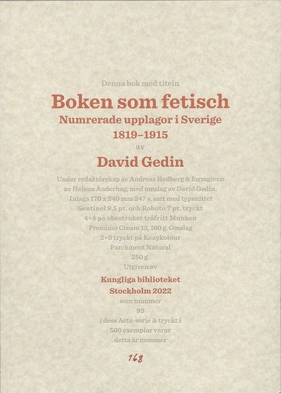 Cover for David Gedin · Boken som fetisch : numrerade upplagor i Sverige 1819-1915 (Book) (2022)