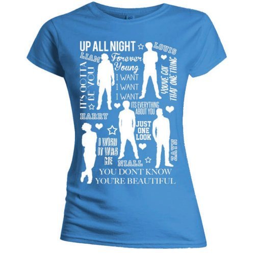 One Direction Ladies T-Shirt: Silhouette Lyrics White on Blue (Skinny Fit) - One Direction - Merchandise - Global - Apparel - 5055295342576 - 
