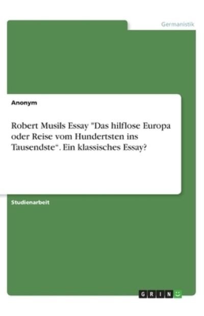 Cover for Anonym · Robert Musils Essay &quot;Das hilflos (N/A)