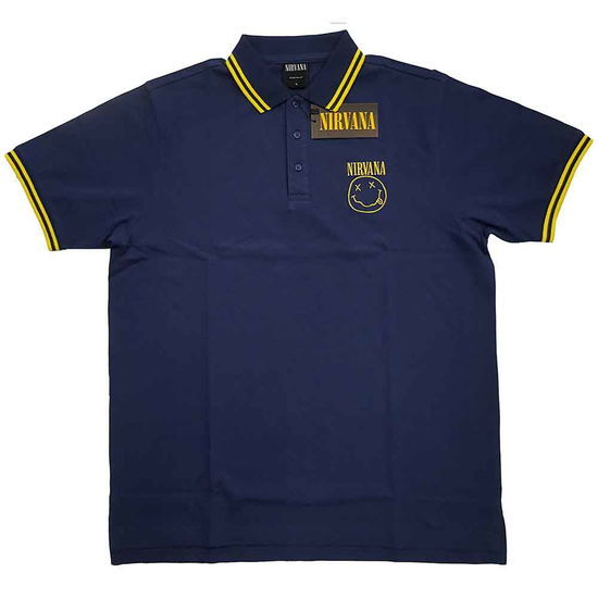 Nirvana Unisex Polo Shirt: Happy Face (Navy Blue) - Nirvana - Fanituote -  - 5056368658594 - sunnuntai 31. tammikuuta 2021