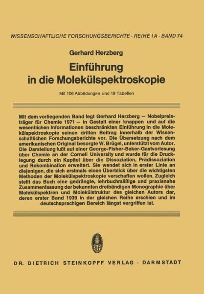 Cover for Gerhard Herzberg · Einfuhrung in Die Molekulspektroskopie: Die Spektren Und Strukturen Von Einfachen Freien Radikalen - Reihe 1: Grundlagenforschung Und Grundlegende Methodik (Paperback Book) [German edition] (1973)