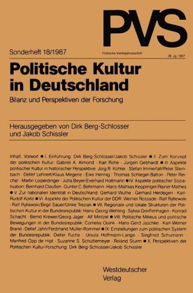 Cover for Dirk Berg-schlosser · Politische Kultur in Deutschland: Bilanz Und Perspektiven Der Forschung - Politische Vierteljahresschrift Sonderhefte (Paperback Book) [1987 edition] (1987)