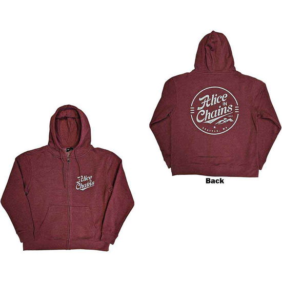 Alice In Chains Unisex Zipped Hoodie: Circle Emblem (Maroon Red) (Back Print) - Alice In Chains - Produtos - - 5056561083612 - 27 de abril de 2023