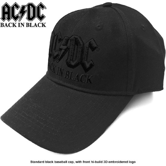 AC/DC Unisex Baseball Cap: Back in Black - AC/DC - Koopwaar - ROCK OFF - 5056170668613 - 