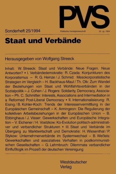 Cover for Wolfgang Streeck · Staat Und Verbande - Politische Vierteljahresschrift Sonderhefte (Taschenbuch) [1994 edition] (1995)