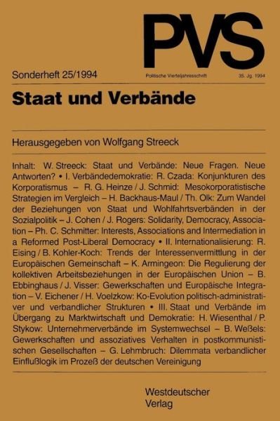 Cover for Wolfgang Streeck · Staat Und Verbande - Politische Vierteljahresschrift Sonderhefte (Paperback Book) [1994 edition] (1995)