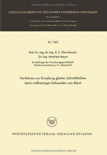 Cover for Otto Kienzle · Verfahren Zur Erzielung Glatter Schnittflachen Beim Vollkantigen Schneiden Von Blech - Forschungsberichte Des Landes Nordrhein-Westfalen (Paperback Book) [1963 edition] (1963)