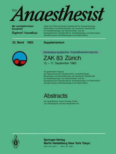 Cover for E R Schmidt · Zentraleuropoischer Anaesthesiekongress Zak 83 Zurich (Paperback Book) (1983)