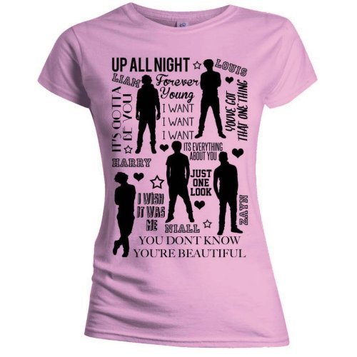 One Direction Ladies T-Shirt: Silhouette Lyrics Black on Pink (Skinny Fit) - One Direction - Merchandise - Global - Apparel - 5055295342620 - 
