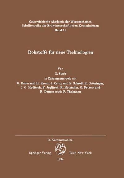 Cover for Georg M Sterk · Rohstoffe Fur Neue Technologien - Schriftenreihe Der Erdwissenschaftlichen Kommission (Hardcover Book) [German edition] (1995)