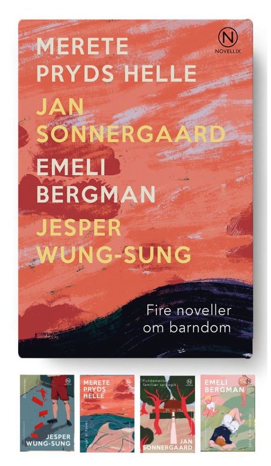 Cover for Jesper Wung-Sung, Merete Pryds Helle, Jan Sonnergaard, Emeli Bergman · Noveller fra Novellix: Gaveæske med fire noveller om barndom (Sewn Spine Book) [1e uitgave] (2023)