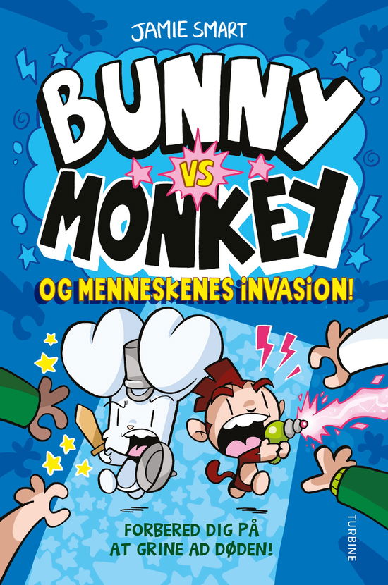 Cover for Jamie Smart · Bunny vs Monkey og menneskenes invasion! (Hardcover Book) [1st edition] (2024)