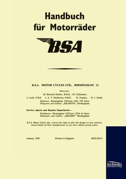 Handbuch Fur Bsa-motorr Der (1956) - Bsa Limited - Livres - Salzwasser-Verlag Gmbh - 9783941842632 - 25 août 2009