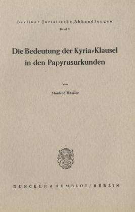 Cover for Hässler · Die Bedeutung der Kyria-Klausel (Book) (1960)