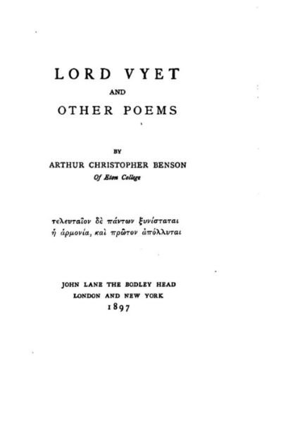 Cover for Arthur Christopher Benson · Lord Vyet and Other Poems (Paperback Bog) (2016)