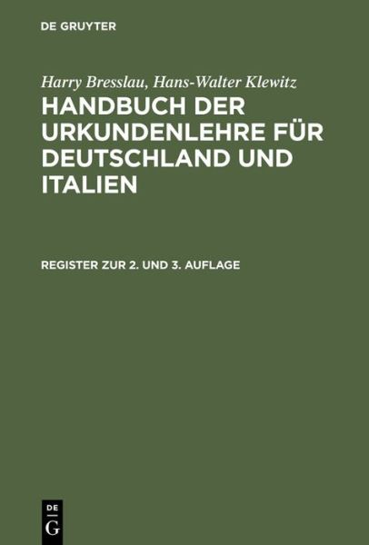 Cover for Hans-walter Klewitz · Register zur 2. und 3. Auflage (Book) [0003-3., Reprint 201 edition] (1960)