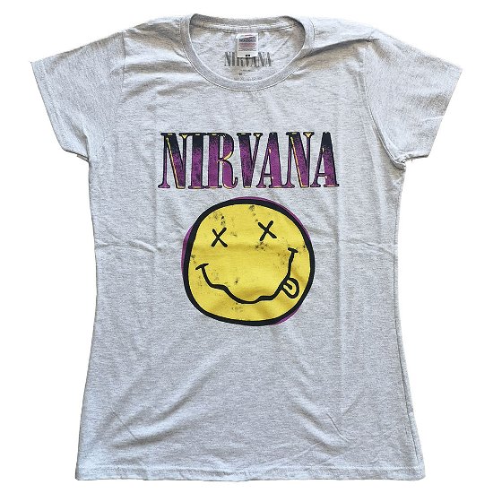 Nirvana Ladies T-Shirt: Xerox Happy Face Pink - Nirvana - Merchandise -  - 5056368681639 - 