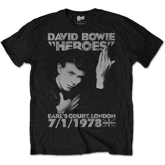 David Bowie Unisex T-Shirt: Heroes Earls Court - David Bowie - Koopwaar - ROFF - 5055979925644 - 12 februari 2016