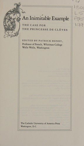 Cover for Patrick Henry · An Inimitable Example: The Case for the Princesse De Cleves (Hardcover Book) (1992)