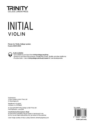 Cover for Trinity College London · Trinity College London Violin Exam Pieces From 2020: Initial (part only) (Sheet music) (2019)
