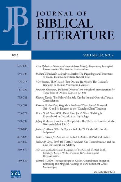 Journal of Biblical Literature 135.4 - Adele Reinhartz - Bøger - Society of Biblical Literature - 9780884144663 - 11. november 2016