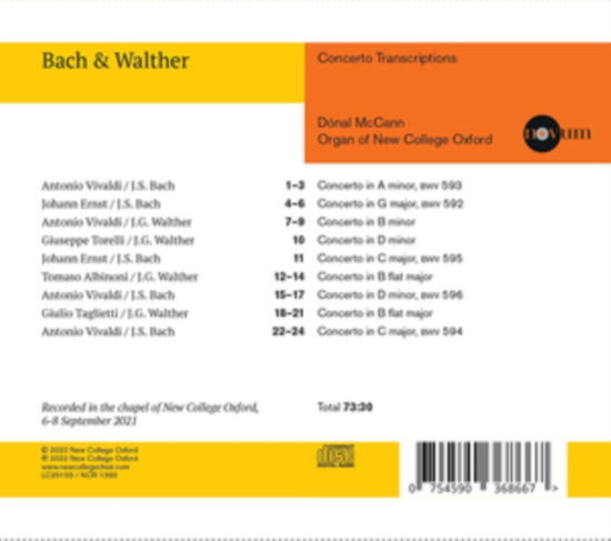 Bach & Walther: Concerto Transcriptions - Mccann - Music - NOVUM - 0754590368667 - June 3, 2022