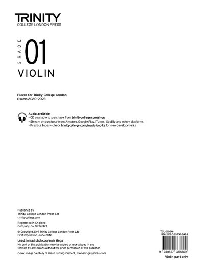 Cover for Trinity College London · Trinity College London Violin Exam Pieces From 2020: Grade 1 (part only) (Sheet music) (2019)