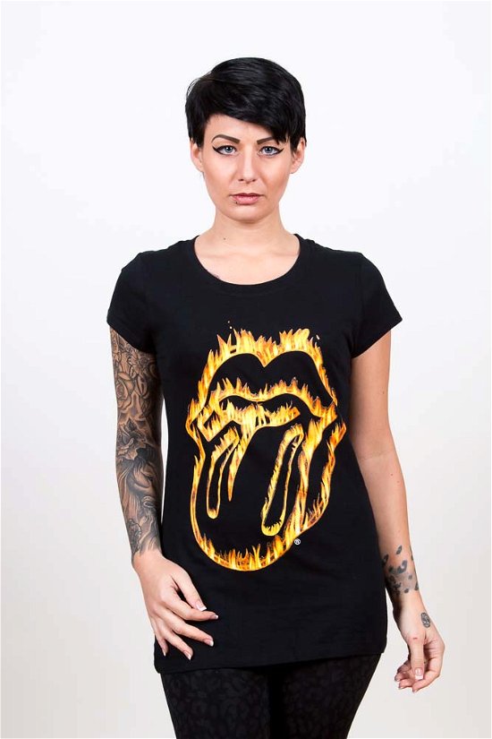 The Rolling Stones Ladies T-Shirt: Flaming Tongue - The Rolling Stones - Koopwaar - Bravado - 5055295355675 - 