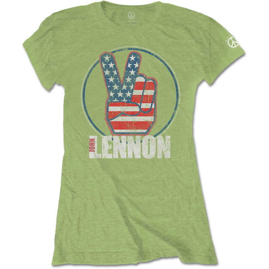 John Lennon Ladies T-Shirt: Peace Fingers US Flag - John Lennon - Koopwaar -  - 5056170655682 - 