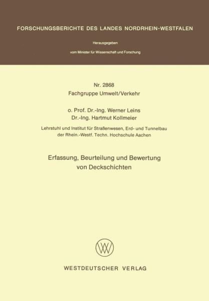 Cover for Werner Leins · Erfassung, Beurteilung Und Bewertung Von Deckschichten (Taschenbuch) [1979 edition] (1979)