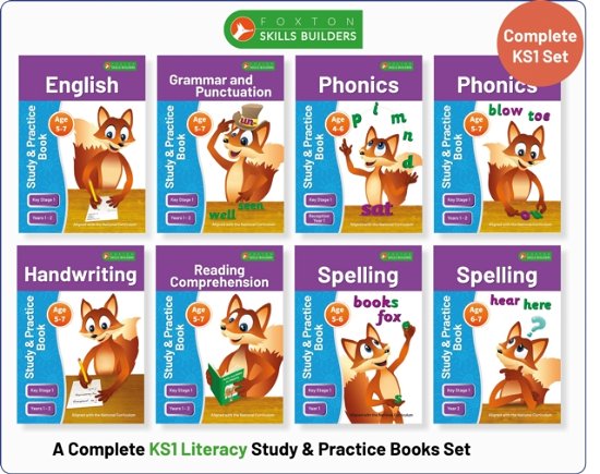 Cover for Foxton Books · Complete Key Stage 1 Literacy Study &amp; Practice Books - 8-book bundle! English, Phonics, Spelling, Handwriting, Reading Comprehension for AGES 4 - 7 (Paperback Book) (2024)