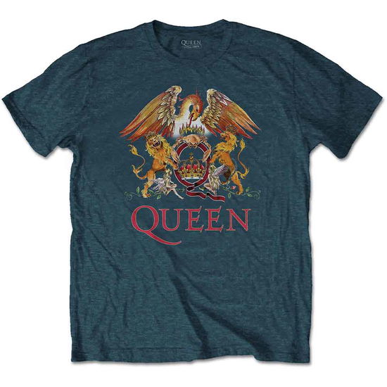 Cover for Queen · Queen Unisex T-Shirt: Classic Crest (Denim Blue) (T-shirt) [size L] (2023)