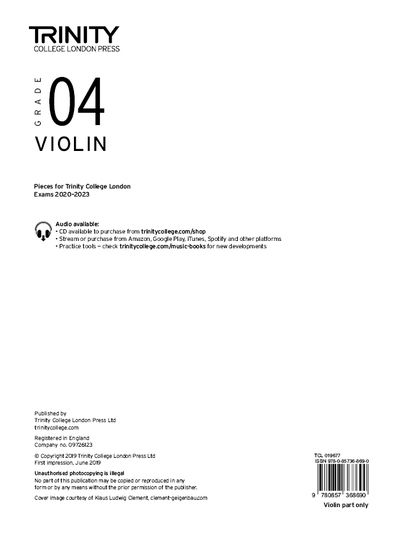 Cover for Trinity College London · Trinity College London Violin Exam Pieces From 2020: Grade 4 (part only) (Sheet music) (2019)