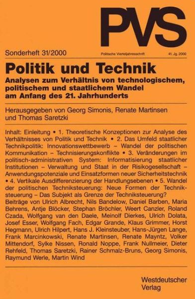 Cover for Wolfgang Schmidt · Politik Und Technik - Politische Vierteljahresschrift Sonderhefte (Taschenbuch) [2001 edition] (2001)