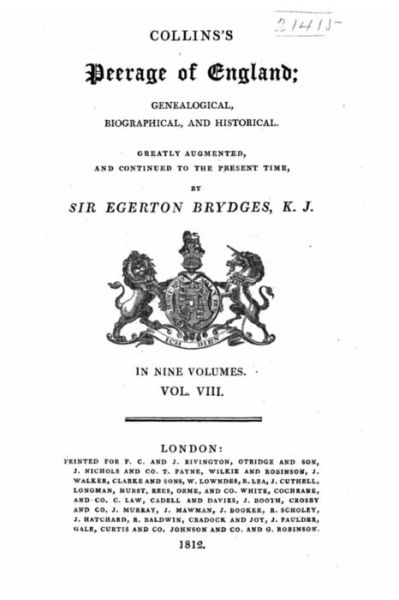 Cover for Egerton Brydges · Peerage of England - Vol. VIII (Paperback Bog) (2016)