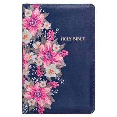Cover for Christian Art Publishers · KJV Holy Bible Standard Size, Faux Leather w/Thumb Index and Ribbon Marker, Red Letter, King James Version, Zipper Closure, Blue / Pink Floral (Leather Book) (2022)
