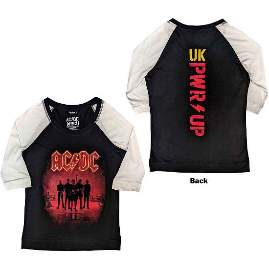 AC/DC Ladies Raglan T-Shirt: PWR-UP UK (Back Print) - AC/DC - Koopwaar -  - 5056561019710 - 
