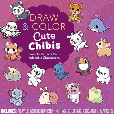 Cover for Editors of Chartwell Books · Draw and Color Cute Chibis: Learn to Draw and Color Adorable Characters - Includes: 48-page Instruction Book, 48-page Coloring Book, and 10 Markers (Bok) (2023)