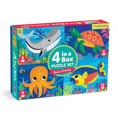 Ocean Friends 4-in-a-Box Puzzle Set - Mudpuppy - Jogo de tabuleiro - Galison - 9780735374713 - 29 de setembro de 2022