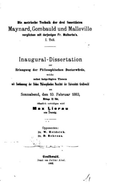 Cover for Max Lierau · Die metrische Technik der drei Sonettisten Maynard, Gombauld und Malleville. I. Teil (Paperback Book) (2015)