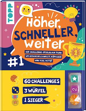 Cover for Frechverlag · Höher, schneller, weiter! Der Challenge-Spieleblock mit 3 Würfeln (Buch) (2024)