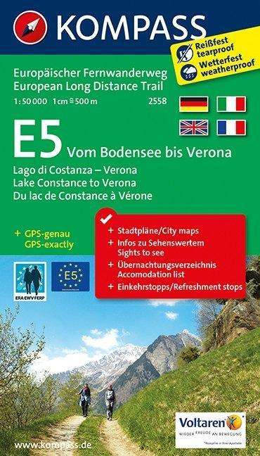 Europäischer Fernwanderweg E5 vom Bodensee bis Verona, Kompass Wanderkarte 2558 - Mair-Dumont / Kompass - Książki - Kompass - 9783850269728 - 31 lipca 2016