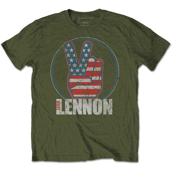 John Lennon Unisex T-Shirt: Peace Fingers US Flag - John Lennon - Fanituote - MERCHANDISE - 5056170655736 - torstai 23. tammikuuta 2020