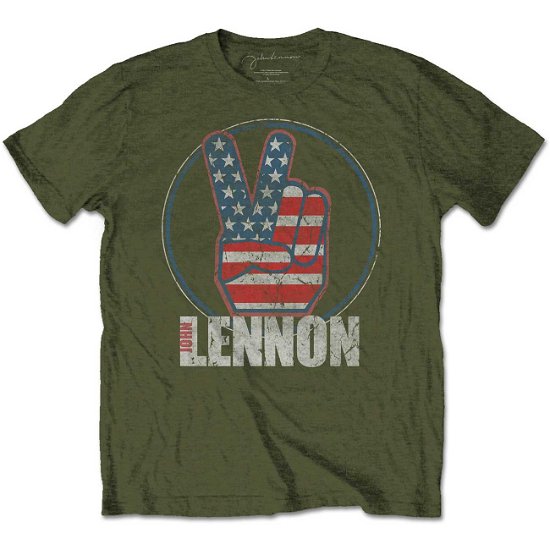 Cover for John Lennon · John Lennon Unisex T-Shirt: Peace Fingers US Flag (T-shirt) [size S] [Green - Unisex edition] (2020)