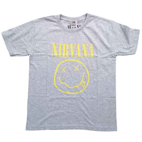 Cover for Nirvana · Nirvana Kids T-Shirt: Yellow Happy Face (Heather Grey) (7-8 Years) (T-shirt) [size 7-8yrs] [Grey - Kids edition] (2024)